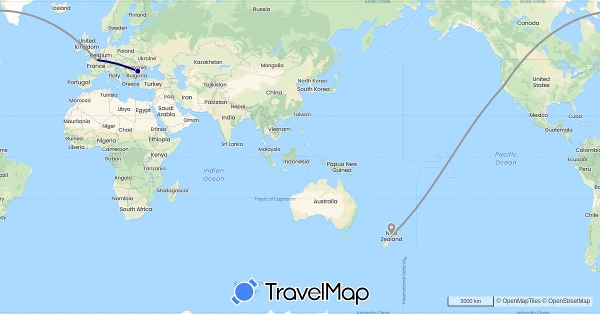 TravelMap itinerary: driving, plane in France, New Zealand, Romania, United States (Europe, North America, Oceania)